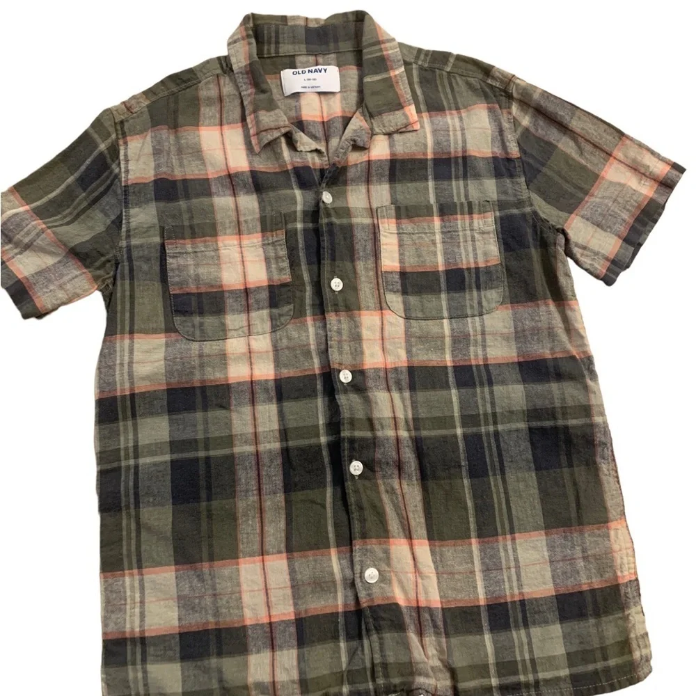 Old Navy | Plaid Short Sleeve Button Down Shirt Size Large (10-12) Army